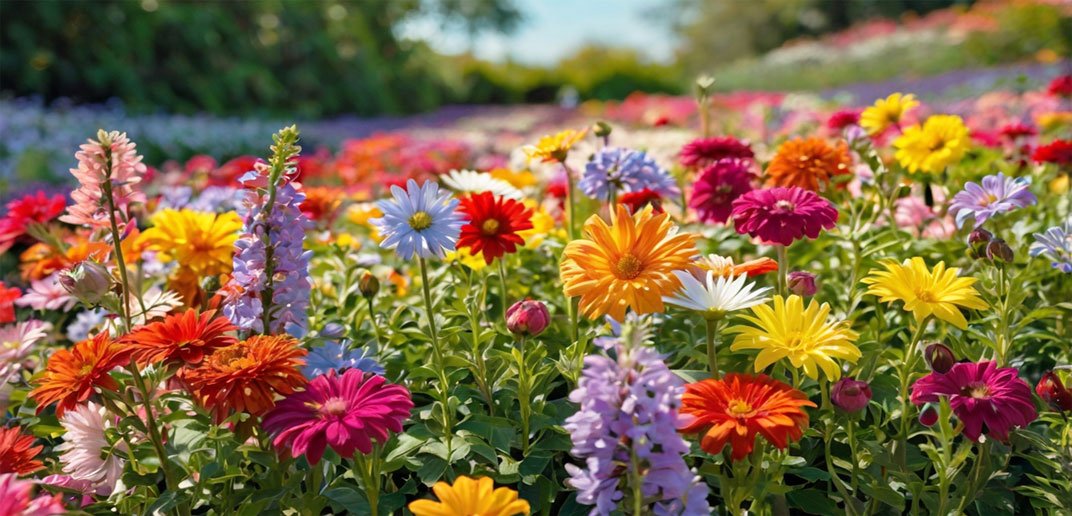 Garten Deko Ideen viele verschiedene bunte Blumen
